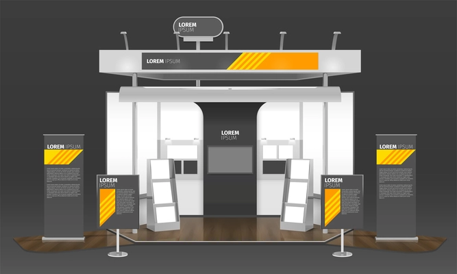 Realistic exhibit stand design with composition of advertising poster panels logotypes information boards and tv screen vector illustration