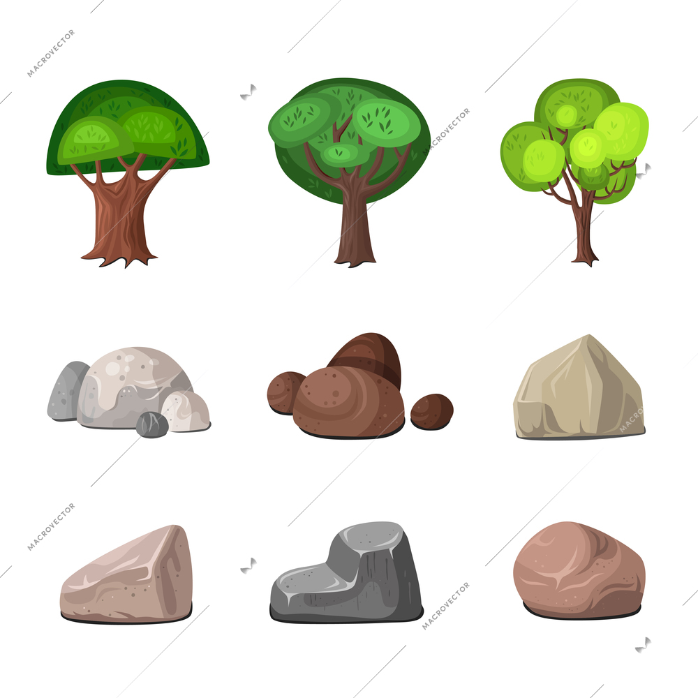 Deciduous trees and stones decoration for park and garden elements set isolated on white background flat vector illustration