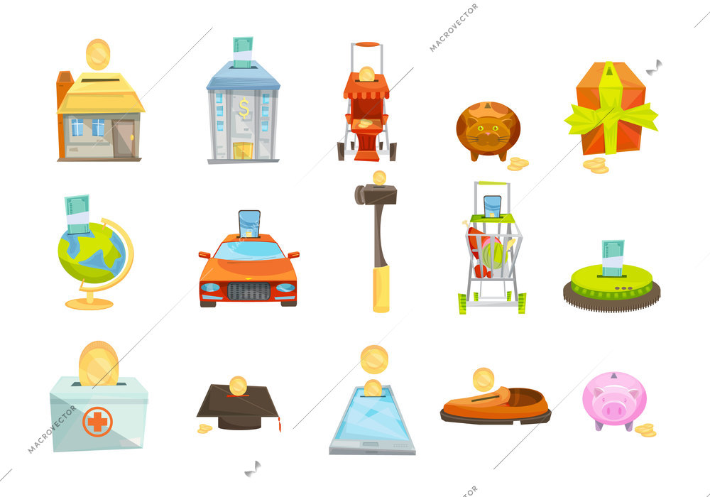 Money box isolated icons set with conceptual images of various valuable goods with slots for coins vector illustration