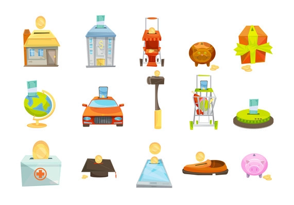 Money box isolated icons set with conceptual images of various valuable goods with slots for coins vector illustration