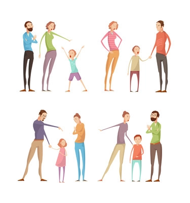 Set of four isolated adults abuse children compositions with flat characters of quarreling parents and kids vector illustration
