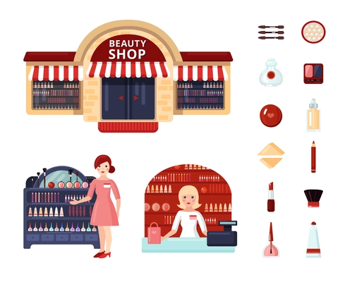 Colored beauty store icon set with girl consultant at the stand and at the checkout vector illustration