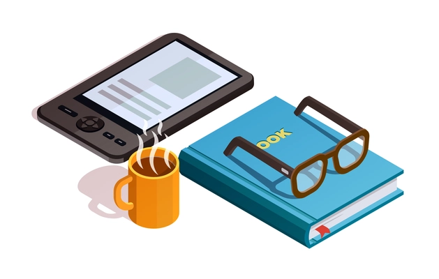 Colored isometirc reading composition with cup of coffee glasses and book electronic and paper vector illustration