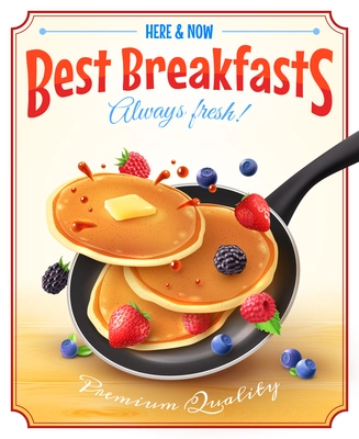 Premium quality restaurant breakfasts vintage style advertisement poster with frying pan pancakes berries and butter vector illustration