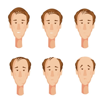 Storyboard with six isolated cartoon male character heads suffering from hair loss with unhappy facial expressions vector illustration