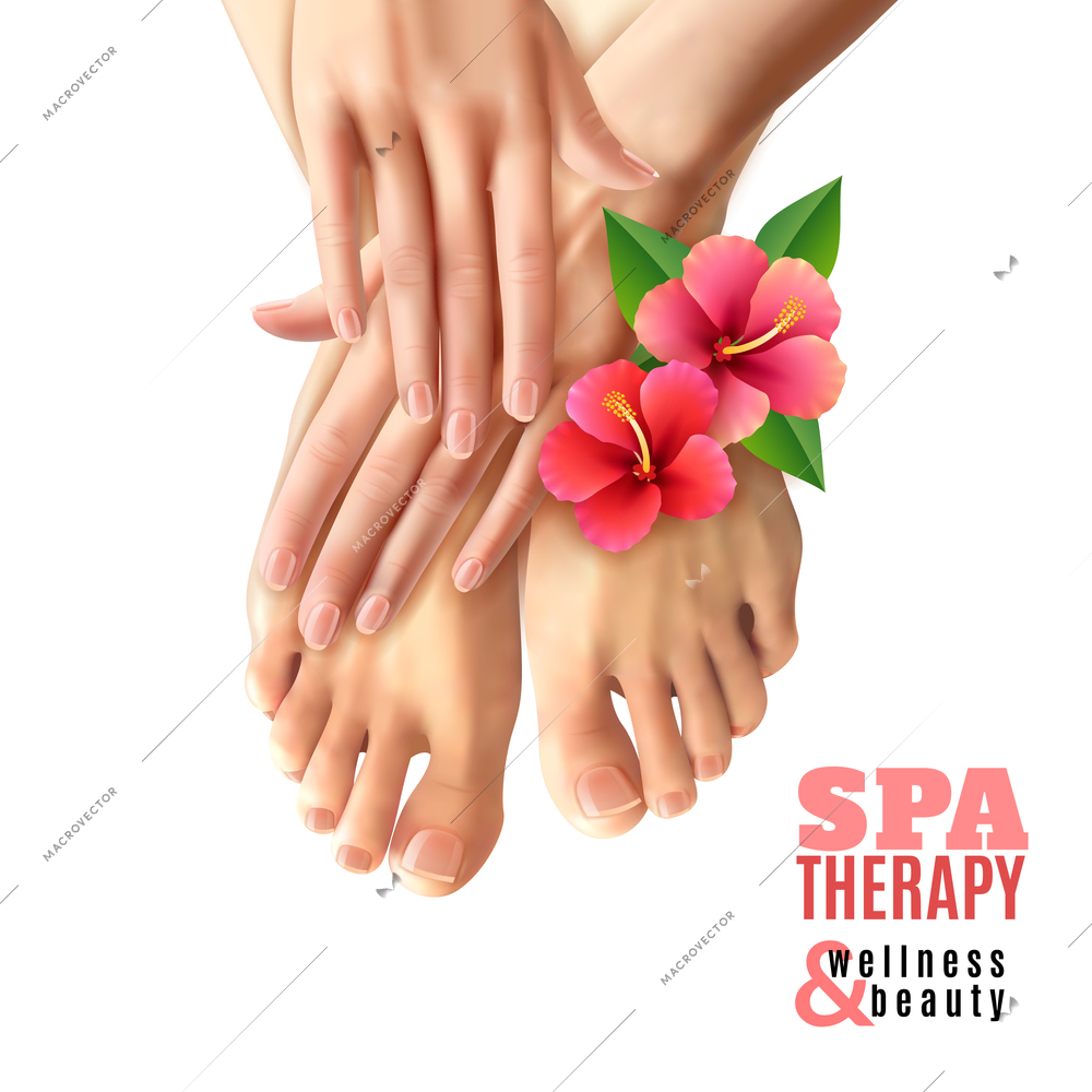 Pedicure and manicure spa therapy salon poster with pink flowers female feet and hands on white background realistic vector illustration