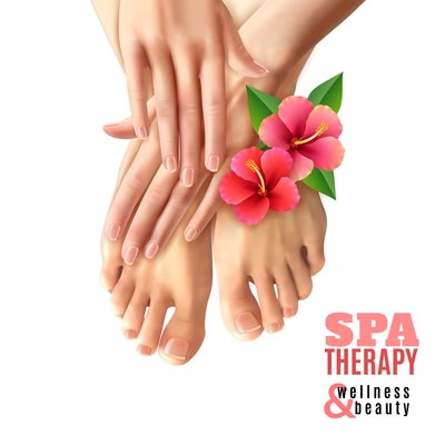 Pedicure and manicure spa therapy salon poster with pink flowers female feet and hands on white background realistic vector illustration