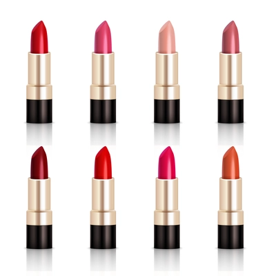 Lipstick assortment set with glossy colors realistic isolated vector illustration