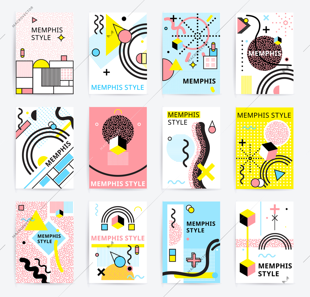 Colorful abstract memphics style posters with geometric figures and lines set doodle isolated vector illustration