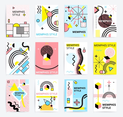 Colorful abstract memphics style posters with geometric figures and lines set doodle isolated vector illustration