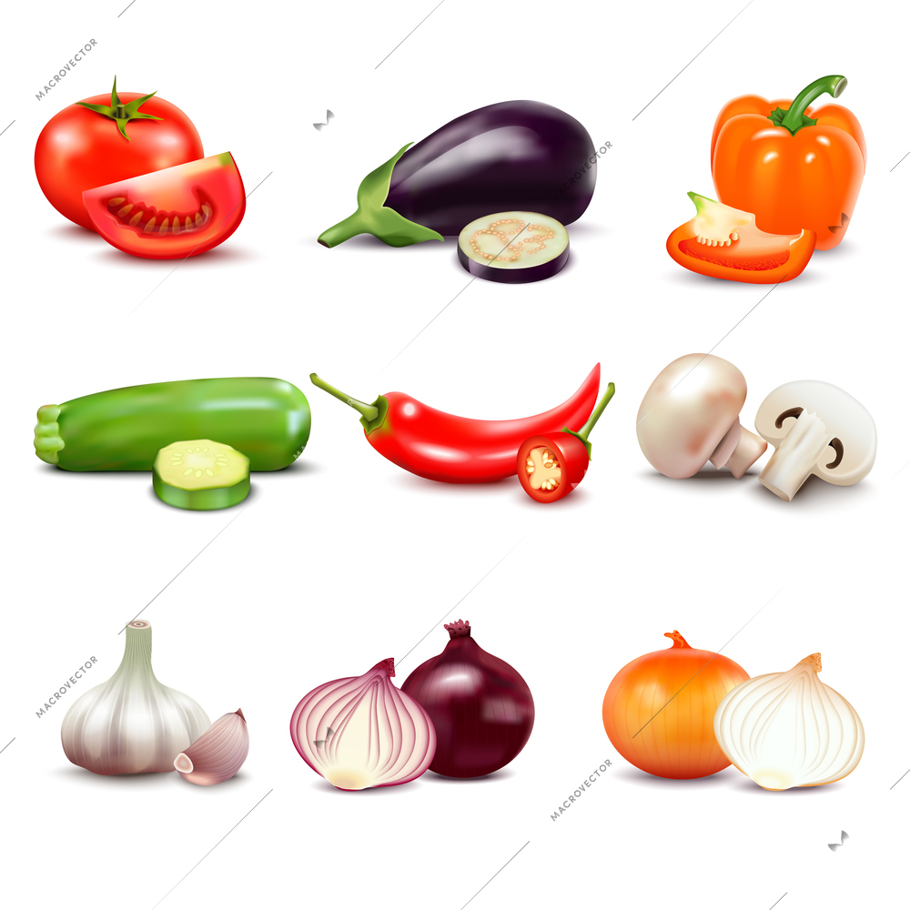 Raw vegetables with sliced isolated realistic  icons with pepper eggplant garlic mushroom courgette tomato onion cucumber vector illustration