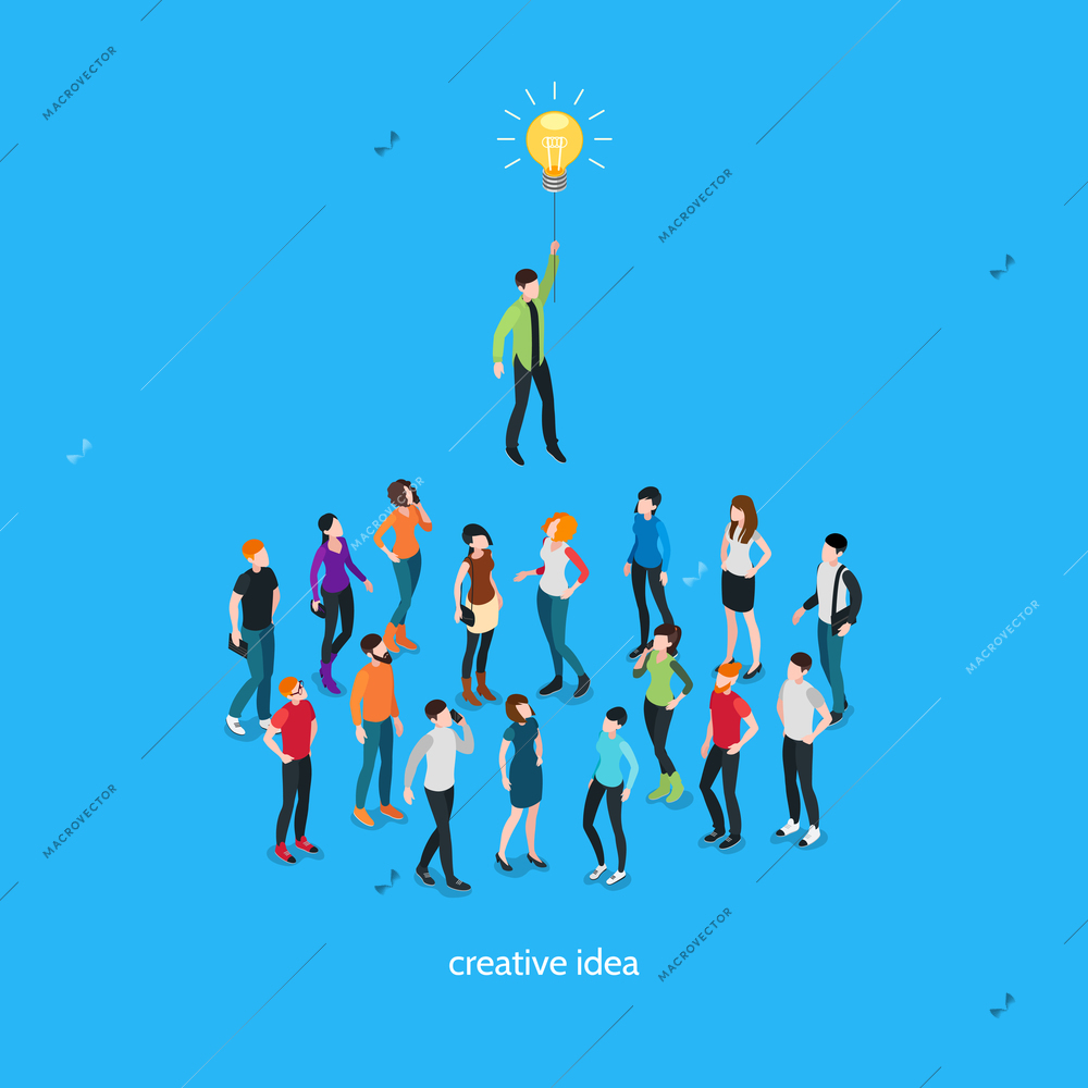 Idea isometric template with people and unique creative person in crowd on blue background isolated vector illustration