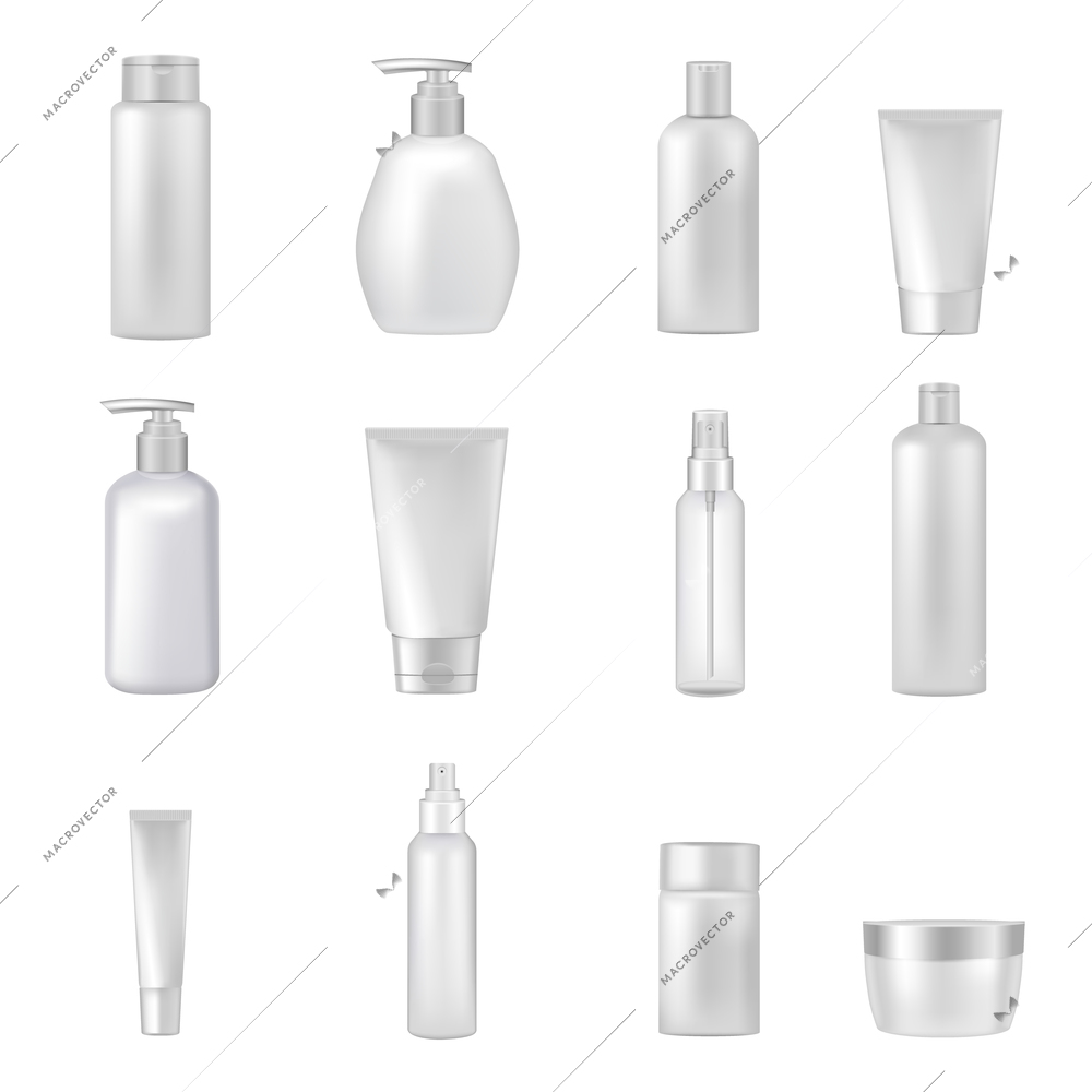 Empty clear cosmetics bottles jars tubes sprays dispensers for beauty and health products realistic images collection vector illustration