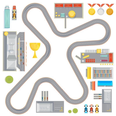 Composition with curvy racing track garages service stations and race car images cup and medals icons vector illustration