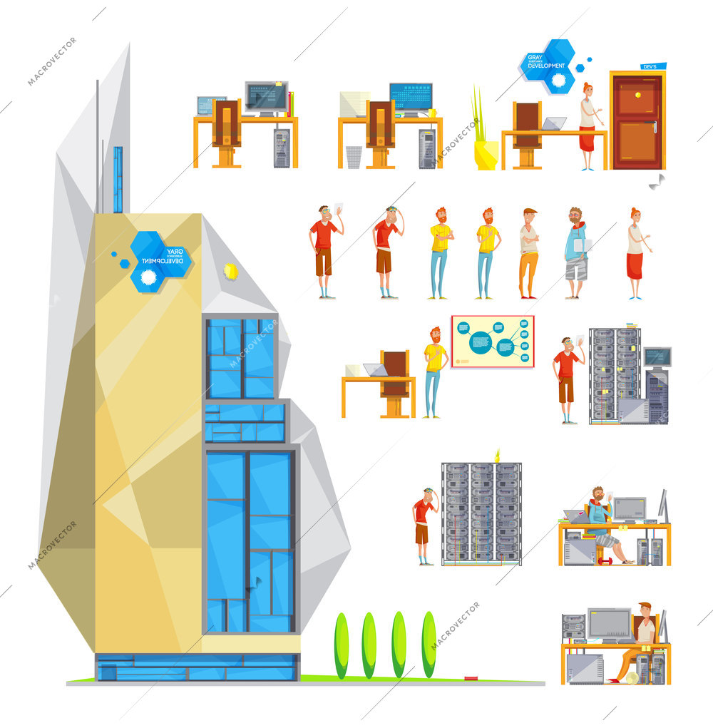 Isolated software development office elements set with decorative building furniture icons and soft engineer flat characters vector illustration