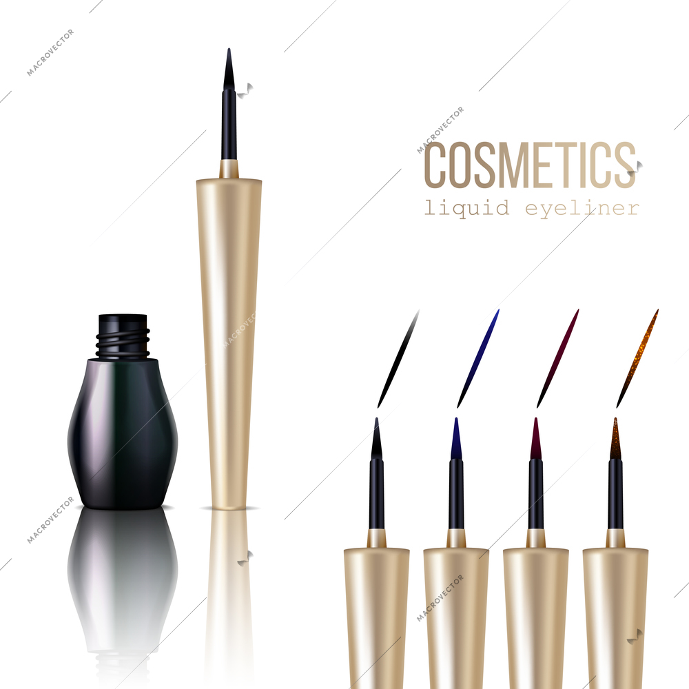 Eyeliner realistic items set with cosmetics symbols isolated vector illustration