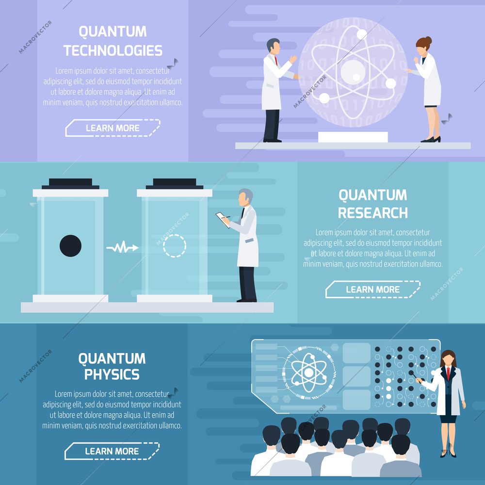 Quantum physics horizontal banners set as illustrative material  for description of technological and learning processes flat vector Illustration