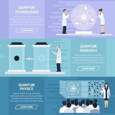 Quantum physics horizontal banners set as illustrative material  for description of technological and learning processes flat vector Illustration