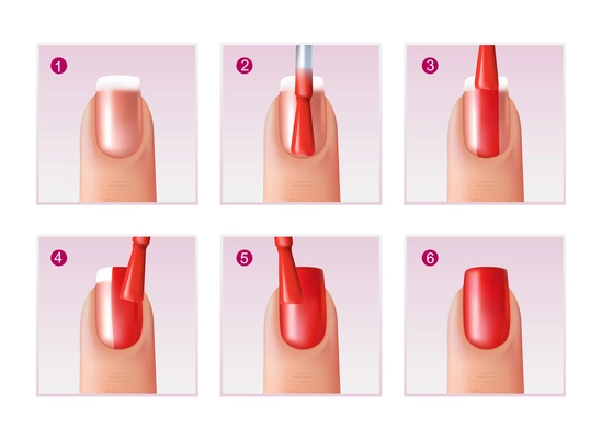 Realistic set of steps of nail polishing process for beautiful manicure isolated on white background vector illustration