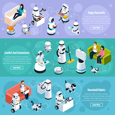 Household isometric banners set of home robots engineered for people assistance and convenience vector illustration
