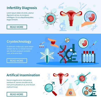 Artificial insemination horizontal banners set with motherhood symbols flat isolated vector illustration