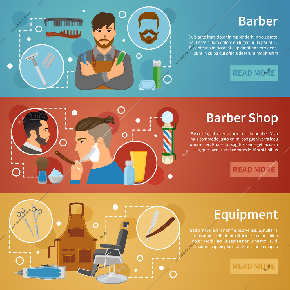 Set of horizontal banners with barber shop equipment hairdresser with working tools flat style isolated vector illustration