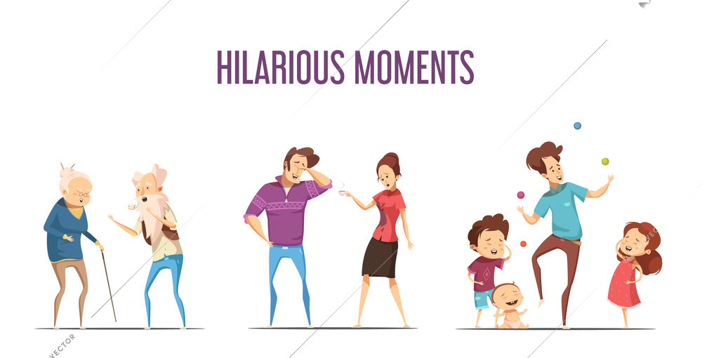 Hilarious funny life moments 3 retro cartoon icons set with couples and young family isolated vector illustration