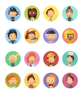 Cartoon avatars set of people professions used for kids with images of pilot astronaut scientist nurse artist chef flat isolated vector illustration