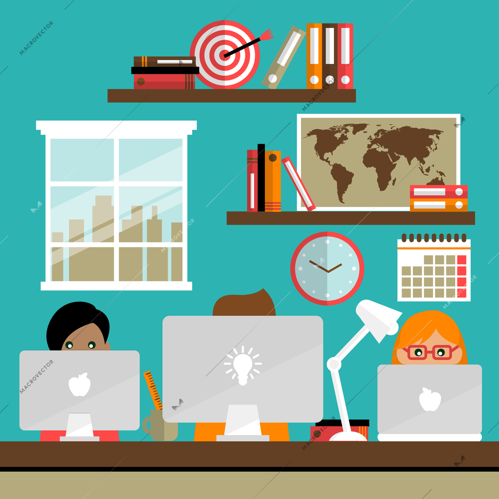 Business life people team work on laptop computers in office vector illustration