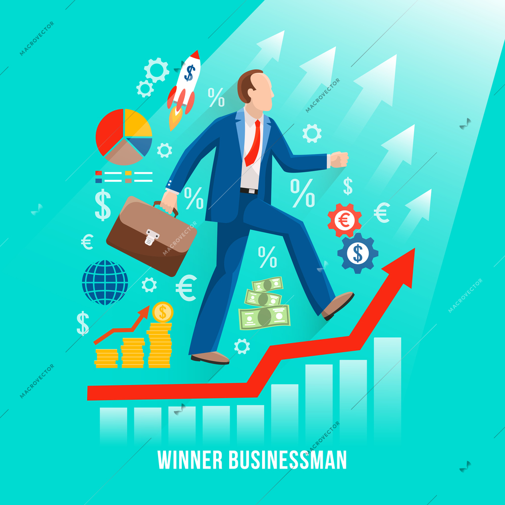 Successful businessman symbolic flat poster with winner rising along his profits red graph diagram line vector illustration