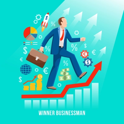 Successful businessman symbolic flat poster with winner rising along his profits red graph diagram line vector illustration