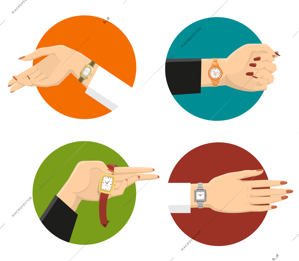 Four graceful women hands in colored circles with classic wrist watches on strap flat isolated vector illustration