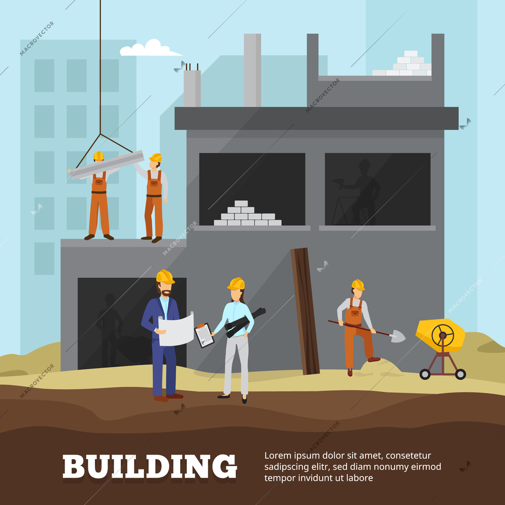 Building industry background with houses equipment city and workers flat illustration