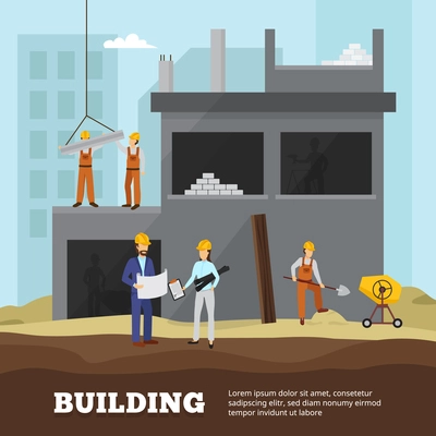 Building industry background with houses equipment city and workers flat illustration