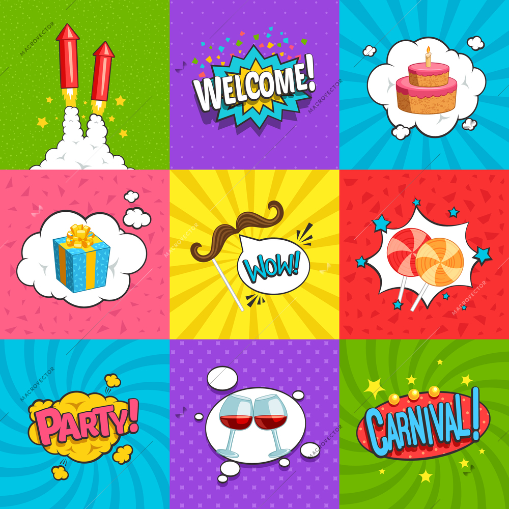 Party comic labels set with fun symbols flat isolated vector illustration