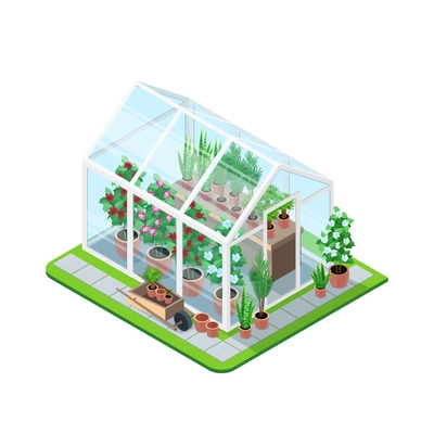 Greenhouse isometric set with plants and garden vegetables isolated elements vector illustration