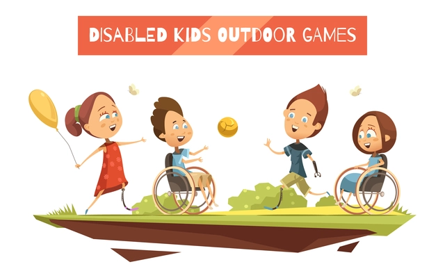 Outdoor games of disabled kids on wheelchair and with prosthetic limbs retro and cartoon style vector illustration