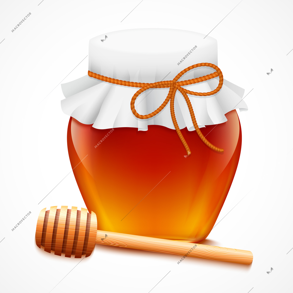 Sweet natural bee honey in glass jar with dipper emblem vector illustration