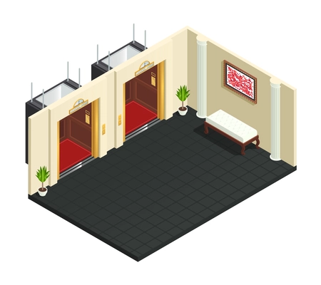 Elevator hall isometric interior composition with two lift lobby of hotel luxury style adornments and furniture vector illustration