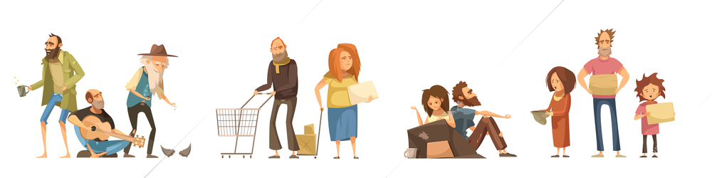 Groups of homeless people set in cartoon style with singing men family couples kids  isolated vector illustration