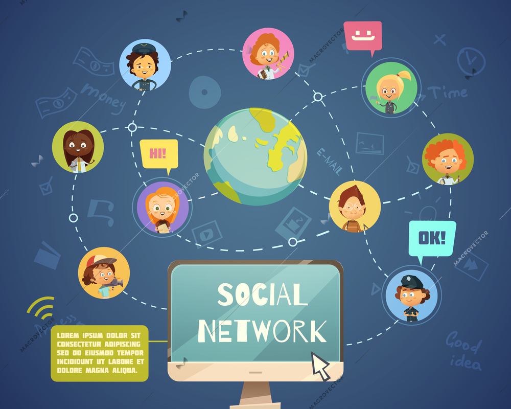 Group of social networking people of different occupations with kid avatar icons designed in cartoon style vector illustration