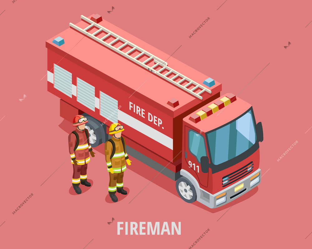 Profession fireman isometric template with firefighters in uniform standing near truck isolated vector illustration