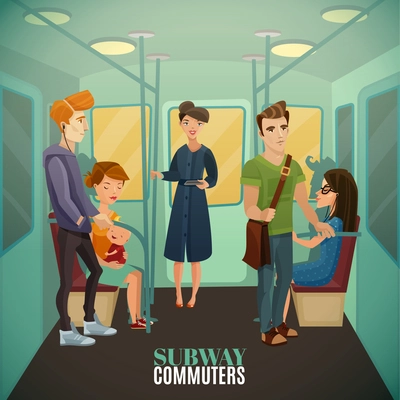 Subway commuters background with underground travel and train interior flat vector illustration