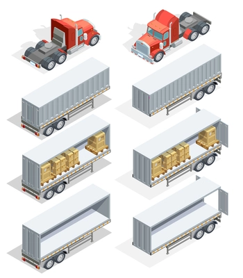 Colored and realistic truck isometric icon set with truck carrying loads and several types of trailers vector illustration
