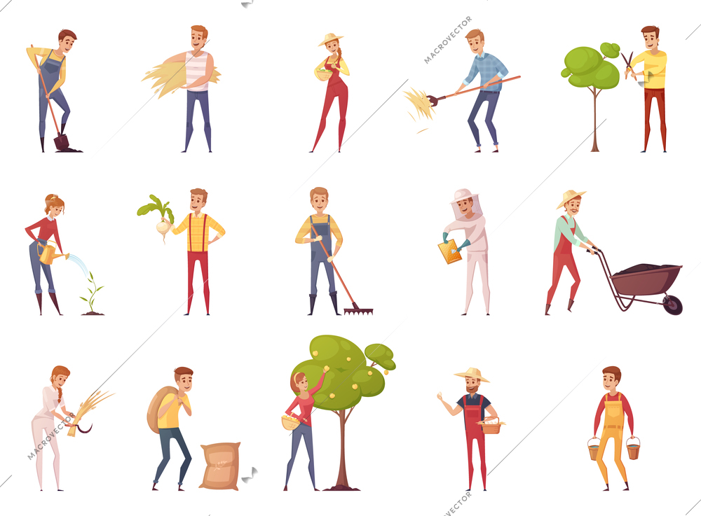 Farmer gardener cartoon people characters set of isolated young male and female figures with gardening equipment vector illustration