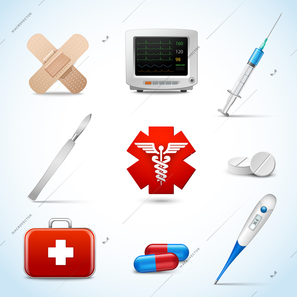 Realistic medical emergency services icons set with capsule sticking plaster scalpel isolated vector illustration.