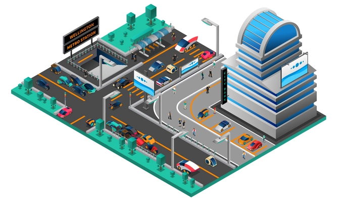 Futuristic cityscape isometric composition with building cars of new generation road and metro station vector illustration