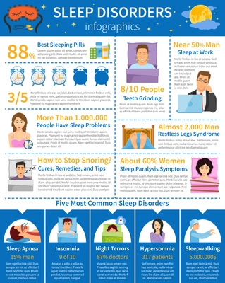 Sleep disorders infographics with common sleeping problems paralysis snoring teeth grinding with people characters and alarms vector illustration