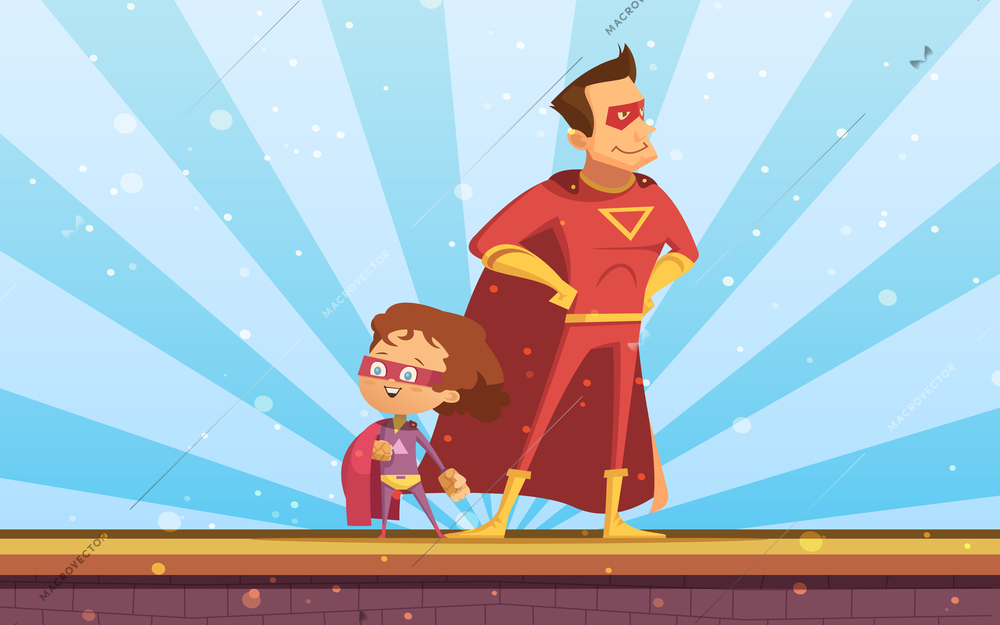 Couple of adult and child cartoon superheroes in red  cloaks standing proudly at sunlight background flat vector illustration