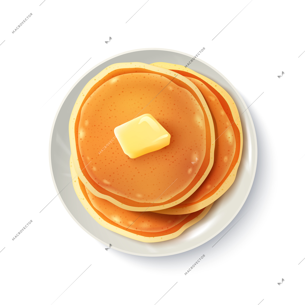 Breakfast food menu item tasty fluffy homestyle pancakes with butter plate realistic top view image vector illustration